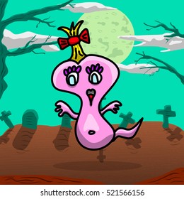 A  pink happy monster in a graveyard. Original drawing