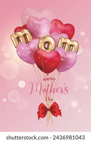 Pink Happy Mother's Day card, background with heart and MOM letter balloons