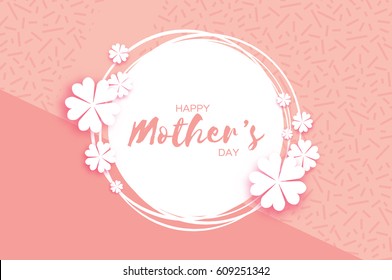 Pink Happy Mothers Day. Paper cut Floral Greeting card . Circle frame.