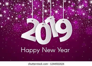 Pink Happy New Year 2019 greeting card concept with paper cuted white numbers on ropes. Vector illustration