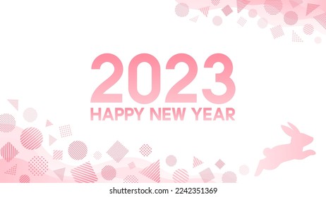 Pink "HAPPY NEW YEAR 2023" text and frame of silhouette of running rabbit and circle, triangle, and square shape icons with dot and stripe patterns