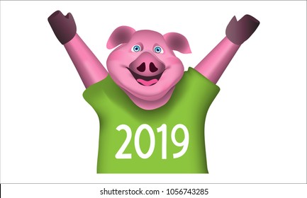 The pink happy pig is wearing 2019 t shirt, cartoon.(vector)