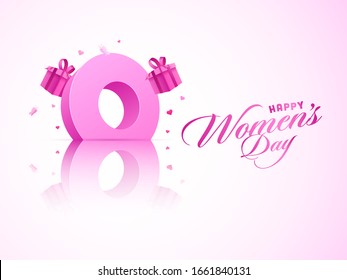Pink Happy Women's Day Font with 3D 8 Number and Gift Boxes on Glossy Pink and White Background.