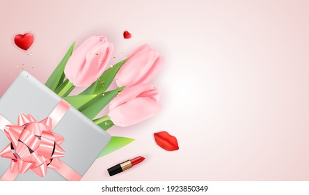 Pink Happy Womens Day Holiday Congratulation Background with Tulips and gift box. Vector Illustration EPS10