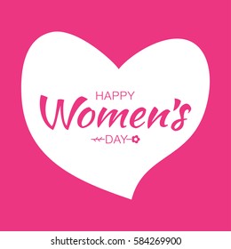 Pink Happy Womens Day Typographic Lettering on white heart Background with flower vector Illustration of a Women's Day greeting card.