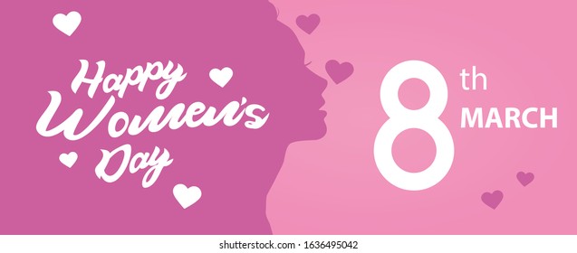 Pink Happy Women's Day Typographical Design Elements. International women's day icon. Minimalistic design for international women's day concept.Vector illustration with silhouette women.