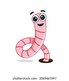 Pink happy worm,  vector In flat style. Earthworm is a cartoon character. Isolated illustration Worm on white background.