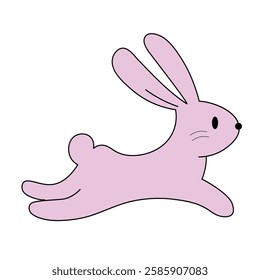 Pink hare with black outline in flat style on white background, hand drawn