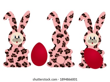 Pink hare with leopard spots on the front and back and a red egg