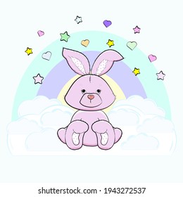 A pink hare on a cloud under a rainbow