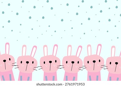 Pink hares in row, falling snow. Winter season. Cute and cozy background. Cartoon vector design.