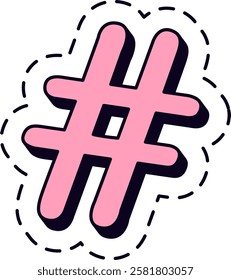 Pink hashtag symbol is floating on a white background, surrounded by a dashed outline, creating a playful and modern design, ideal for representing social media and online communication