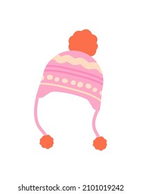 Pink hat for girls. Warm winter clothes made of natural wool. Bright patterns, cold weather and season. Disease protection and precaution. Cartoon flat vector illustration isolated on white background