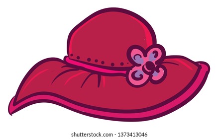 A pink hat has an artificial flower attached to a bow-like ribbon encompassing the cap vector color drawing or illustration 