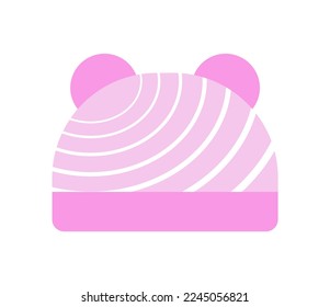 Pink hat with line pattern with ears for baby girl. Clothing for infant kids. Vector illustration isolated design