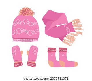 Pink Hat with a Pompom, Scarf, socks and Mitten Set Knitted Seasonal Winter Traditional Accessories with Ornament.