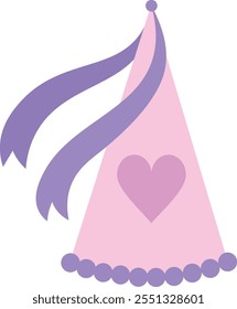 A pink hat with a purple ribbon and a heart on it