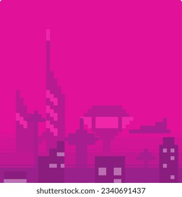 Pink Haze Pixel Art Futuristic Cityscape Horizon Panoramic View