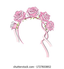 Pink Headband with Rose Flowers and Long Satin Ribbons as Ballet Accessory Vector Illustration