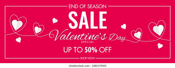 Pink Header or Banner Design with White Hearts and 50% Discount Offer for Valentine's Day Sale.