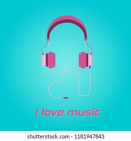 Pink headphone, love shape cable icon on blue background with text