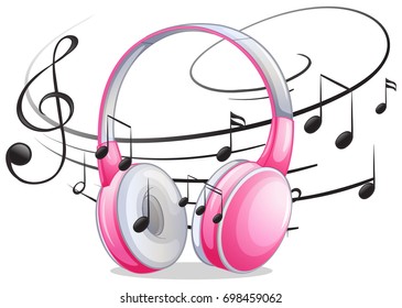 Pink headphone with music notes in background illustration