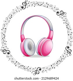 A pink headphone with musical notes on white background illustration