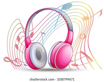 Pink headphone with musicnotes in background illustration