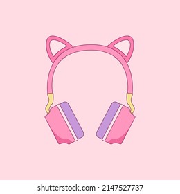 Pink Headphones With Cat Ears Flat Vector Illustration. Cute Gaming Headphones For Girls.