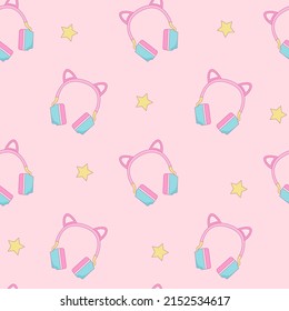 Pink Headphones With Cat Ears Flat Vector Seamless Pattern. Cute Gaming Headphones And Stars Background.