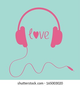 Pink headphones with cord .   Love card. Vector illustration.