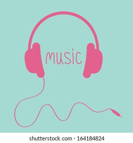 Pink headphones with cord and word Music.  Card. Vector illustration.