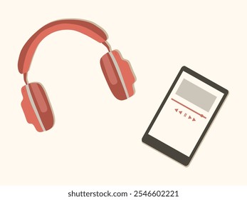 Pink headphones and phone with music player. Music, listening, equipment, technology. Vector illustration