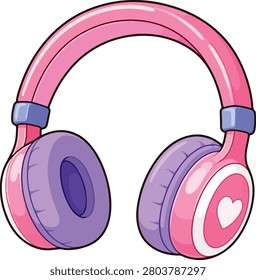 A pink headphones vector illustration features purple earcups and a heart-shaped detail. The image has a white background.