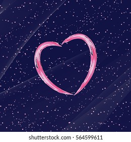 pink hear dark blue background, snow falling, decorative heart valentine day. brush stroke heart beautiful background vector illustration. use for cards