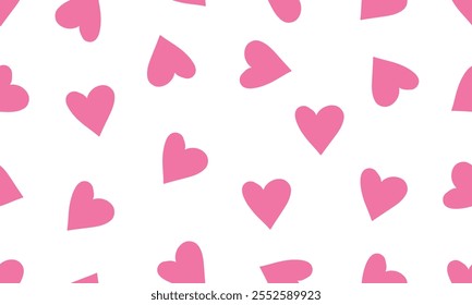 Pink heart all over seamless vector repeat pattern with ditsy pink hand drawn doodle hearts tossed on white background. Simple cute Valentines day background