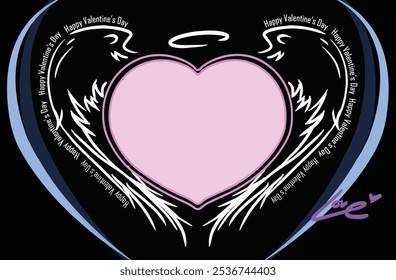 Pink Heart with Angel wings and Black background, Happy Valentine Day.