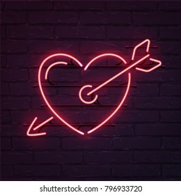 Pink heart with arrow neon sign. Vector realistic neon heart with arrow on brick wall.