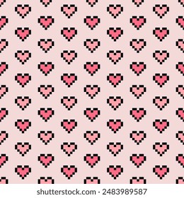 Fondo de Vector de corazón rosa. Básico diseño plano pixel art ilustración patrón. Amor, símbolo de San Valentín. Fondo de pantalla, sin costuras.