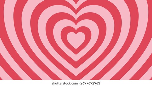 Fondo de corazón rosa Horizontal amor en forma de túnel. Patrón romántico de color rojo. Ilustración vectorial retro de moda en estilo años 60, 70. Ilustración vectorial