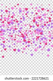 Pink Heart Background Transparent Vector. Amour Backdrop Confetti. Tender Honeymoon Illustration. Violet Heart Birthday Pattern. Red Drop Frame.