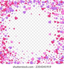 Pink Heart Background Transparent Vector. Birthday Backdrop Confetti. Red Abstract Frame. Violet Confetti Day Texture. Tender Sweetheart Illustration.