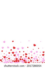 Pink Heart Background White Vector. Amour Pattern Confetti. Violet Blank Illustration. Red Confetti Present Frame. Tender Falling Texture.