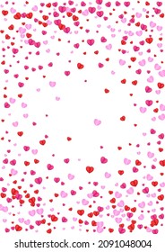 Pink Heart Background White Vector. Banner Backdrop Confetti. Red Drop Texture. Fond Heart Random Illustration. Tender Volume Frame.