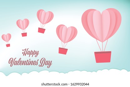 Pink heart balloon floating over the cloud with word happy valentines day