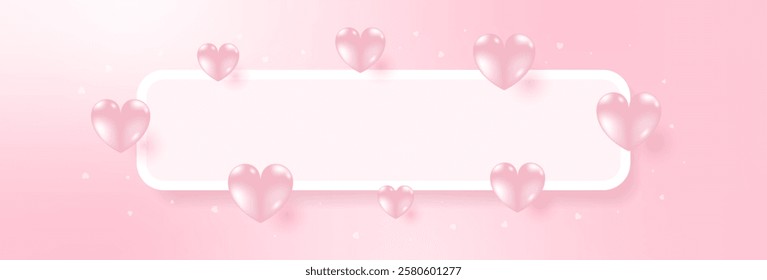 Pink Heart Balloon On Gradient Background With Frame. Abstract Valentine Banner. Wallpaper. Vector Illustration