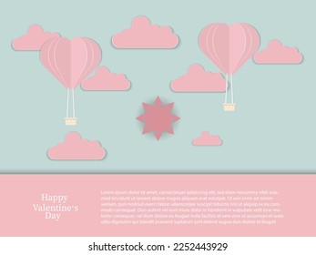 Pink heart balloon on sky with white clouds on blue background , pastel paper cut style , Vector illustration ,love and Valentine's day Concept