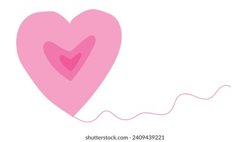 Pink Heart Balloon with rope. Hearts Balloons for birthday, valentine's day and party. Flat illustration for celebration and carnival. Vector