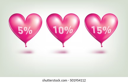 pink heart balloon vector illustration 5 percent 10 percent 15 percent