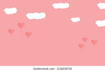 pink heart balloons fly next to white clouds on pink background